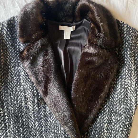 H&M Faux Fur Collar Tweed Wool Blend Long Coat Sz 6 - Picture 5 of 12